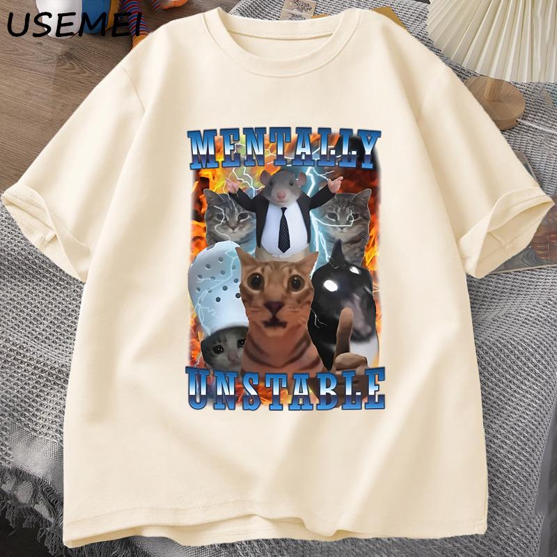 Mentally Unstable Funny Cat Meme T Shirt Man Stupid Unhinged T Shirts Harajuku Cotton Short Sleeve Graphic T Shirts Man Clothes S разноцветный
