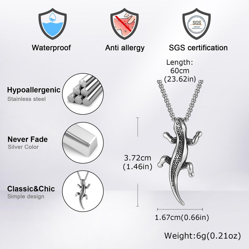 Unique Gecko Lizard Pendant Necklace for Men Male, Stainless Steel Hip Hop Animal Necklace, Fashion Jewelry Creativity Gift