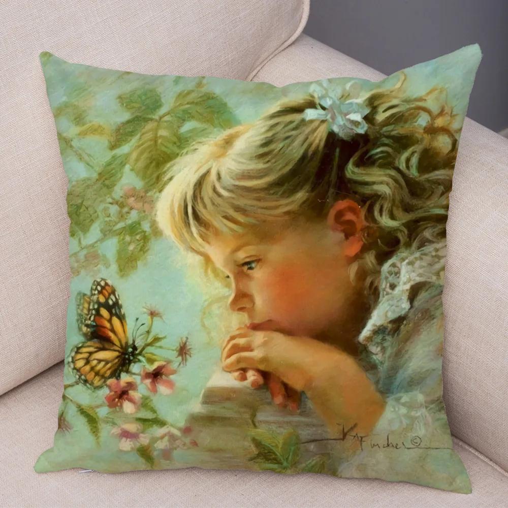 Cute Cartoon Children Cushion Cover Decor Harajuku Oil Painting Lady Pillowcase for Sofa Home Soft Plush Throw Pillow Case
