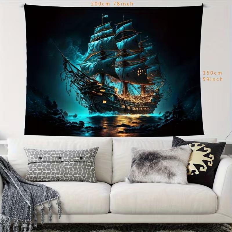 2D Nautical Gothic Tapestry, Haunted Pirate Ship for Room & Party Decor