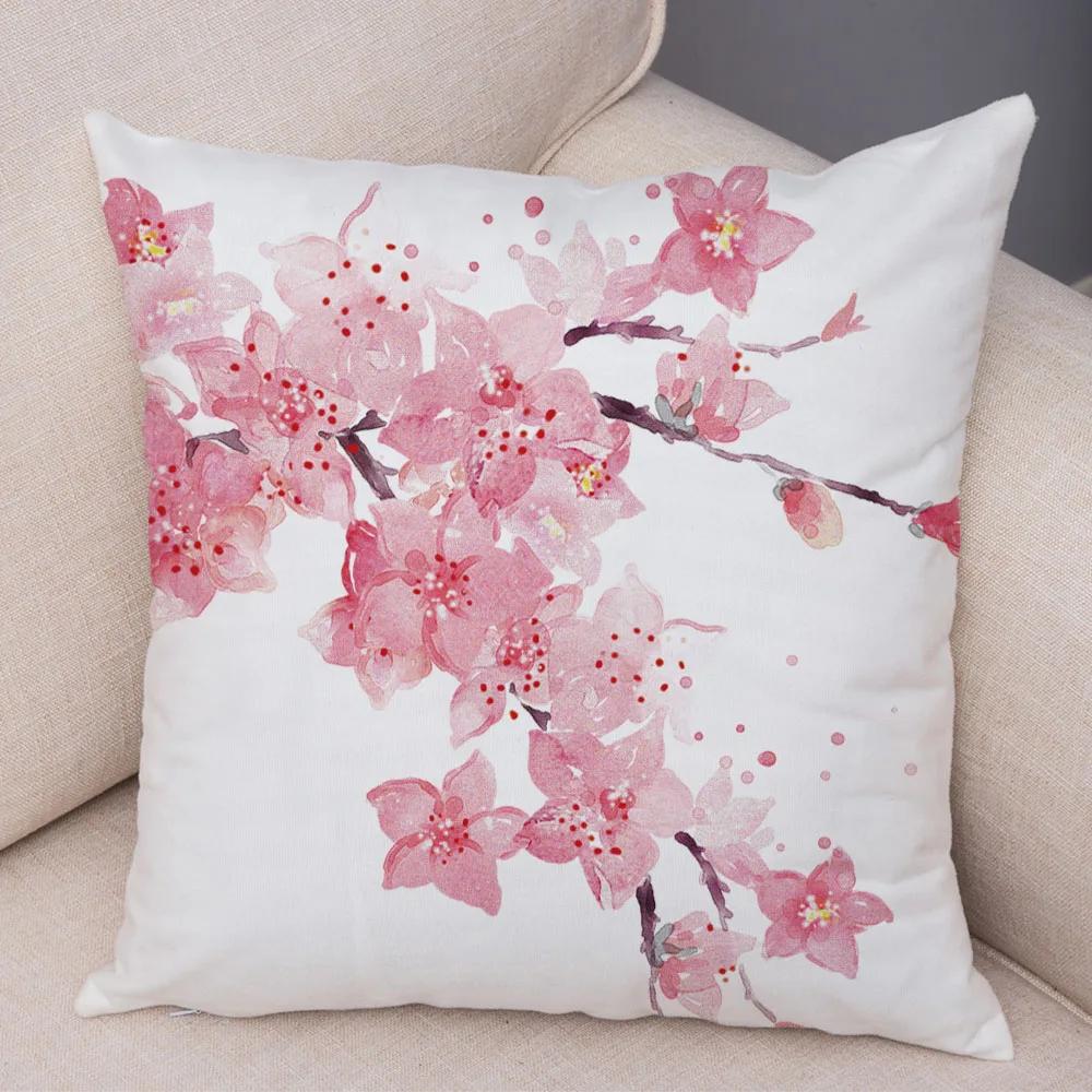 Pink Peach Blossom Cushion Cover Decor Watercolor Cartoon Plant Tree Pillow Case for Sofa Home Car Soft Plush Pillowcase 45x45cm