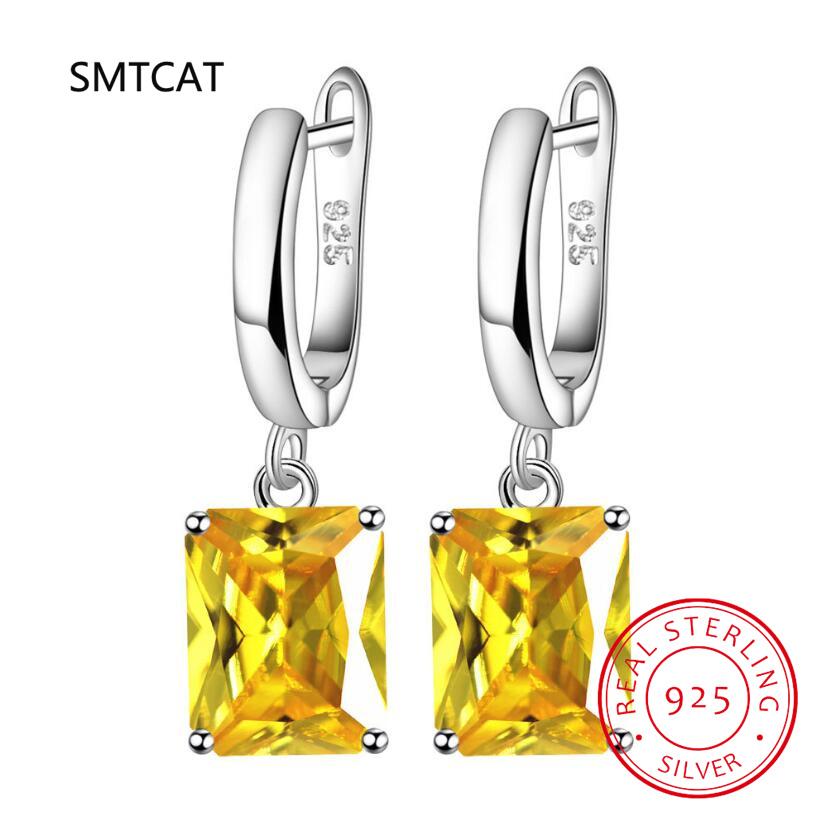 Square Genuine Blue Topaz Amethyst Citrine Garnet Created Sapphire Ruby Emerald 925 Silver Stud Earrings