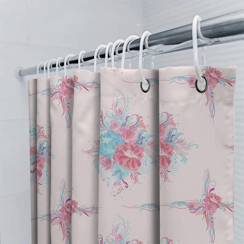 Beautiful Pink Blue Floral Print Shower Curtain Set Bathroom Decor Waterproof Fabric For Bathrooms