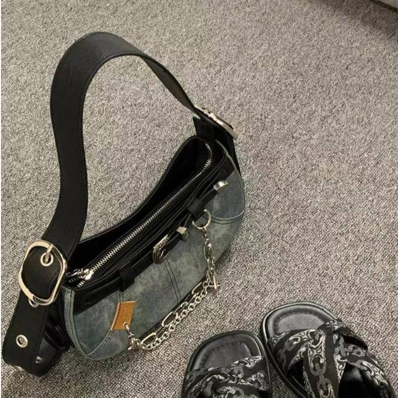 Vintage Denim Shoulder Bags Canvas Patchwork Y2K Style Female Underarm Bag Hottie Blue Hobos Crossbody Bags Women Chain Handbags