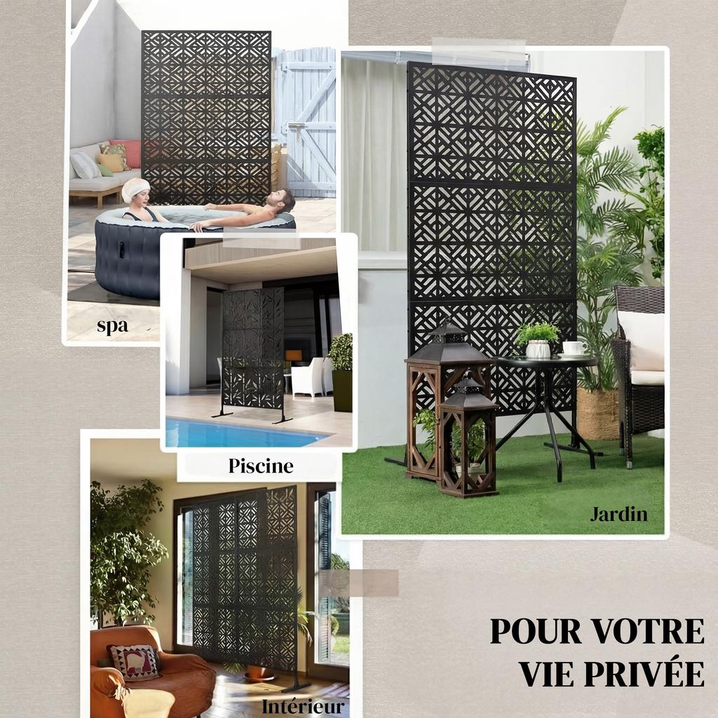 Outdoor Privacy Screen Panel, 3 Panels, Geometric Metal, 92 X 40 X 192 Cm, Black