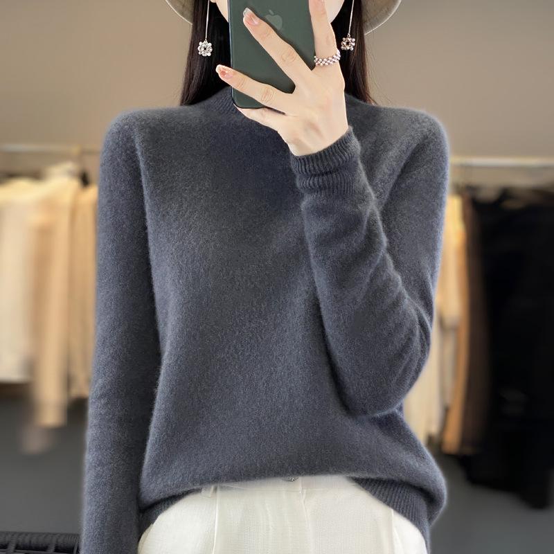 Women's Pure Wool Ribbed Sweater - Autumn/Winter Loose Fit Semi-High Neck Pullover