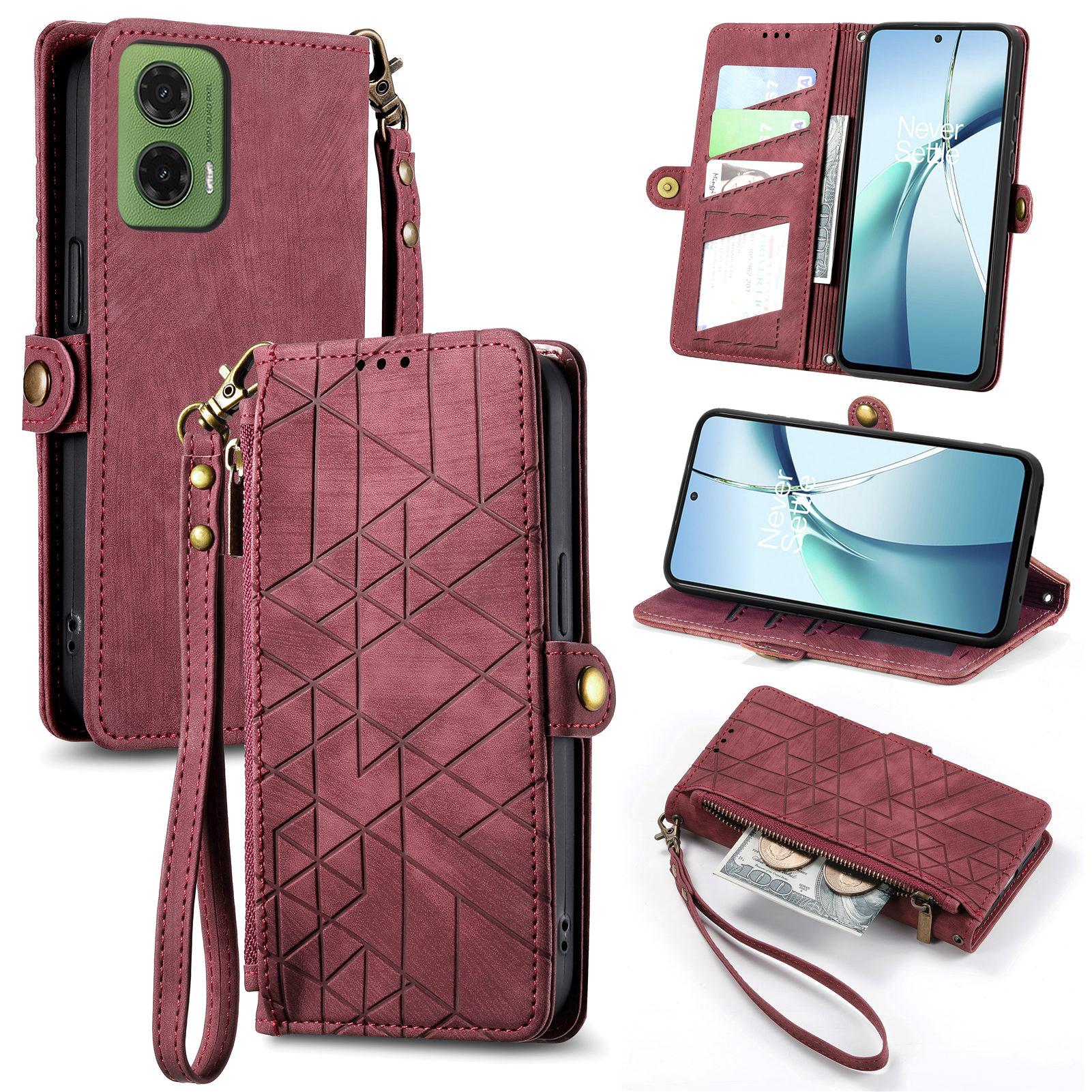 

For Motorola Moto G35 5G Zipper Wallet Case Geometry Lines Leather Phone Cover with Strap C
