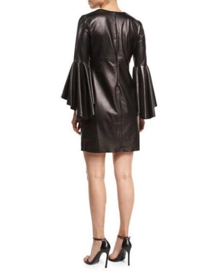 Sleeves Handmade Casual Party Black Women's Real Lambskin Leather Dress Stylish