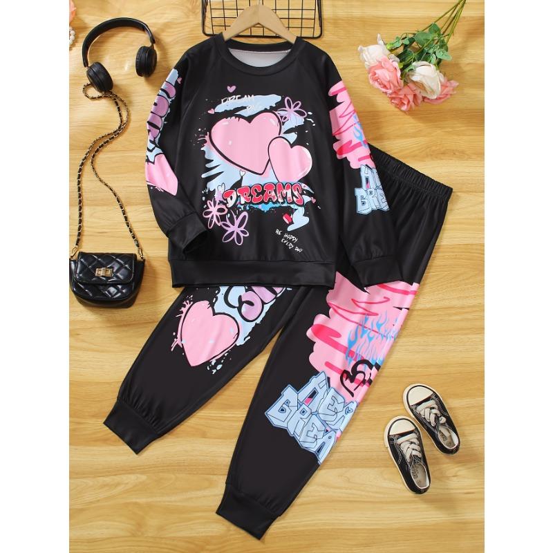 

Комплект для девочек: футболка с длинным рукавом, круглым вырезом и принтом в виде сердечек + широкие брюки свободного кроя, весна, осень, зима, для повседневных прогулок 130cm чёрный