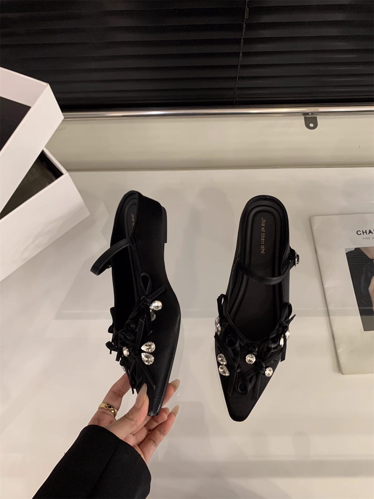 

inner height increase silver bag head half slippers women s shoes outer wear 2025 new spring and summer Mary Jane bow shoes 35 чёрный