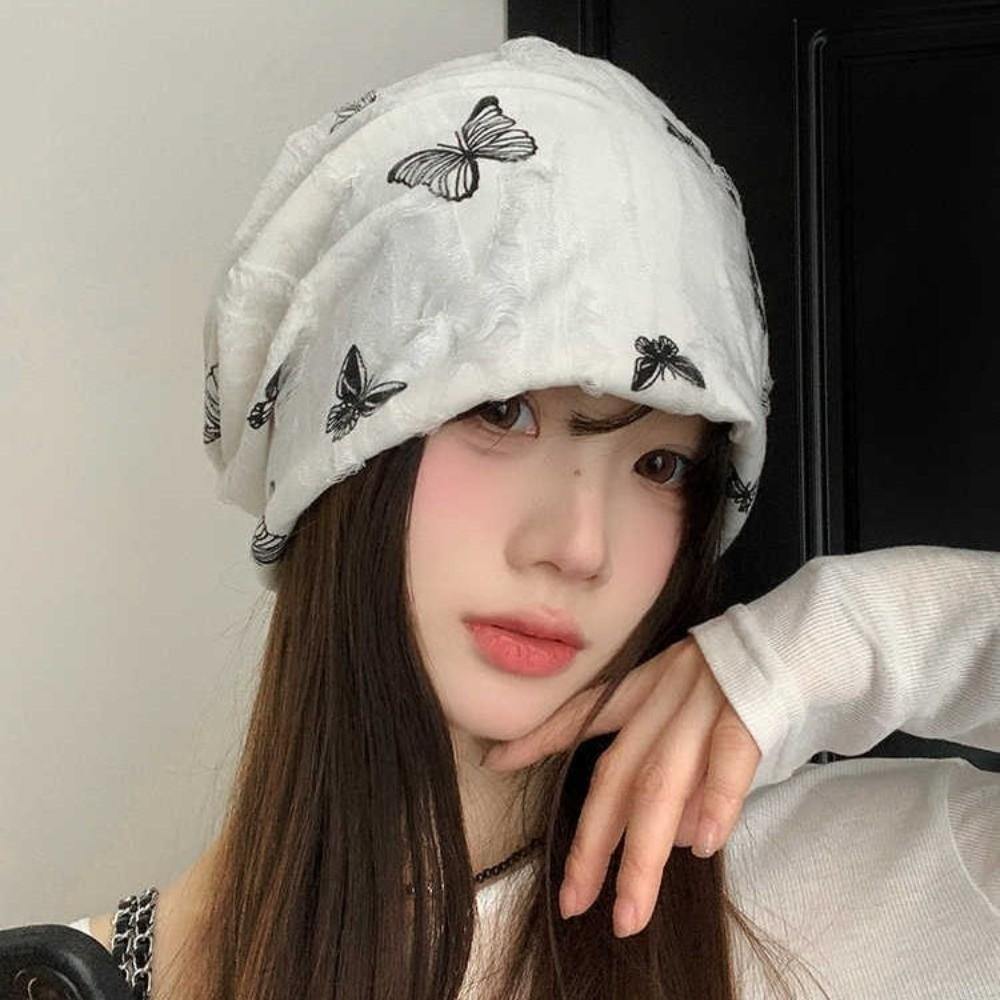 Coldproof Fleece Beanies Thickened Plush Pullover Hat Soft Butterfly Print Beanies  Outdoor