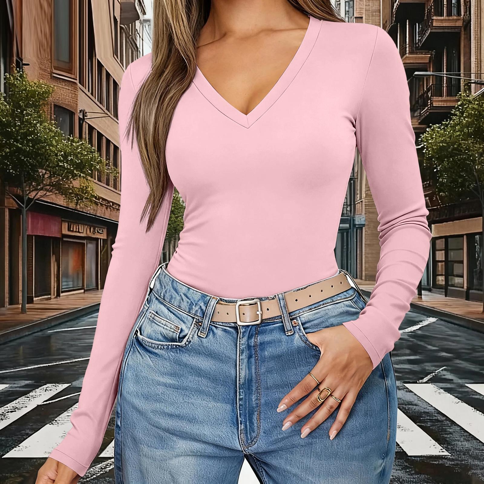 Women s Color V-Neck Slim-Fit Long-Sleeve Top XL розовый