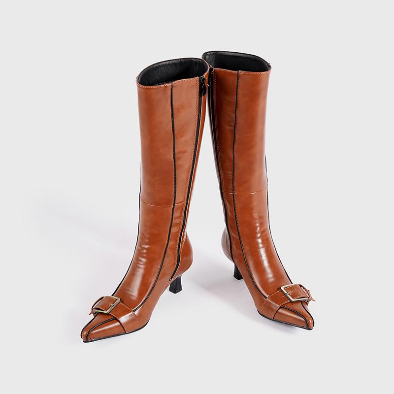 Retro Belt Buckle Boots Women's Fashion Boots Thick Heel Pointed Side Zipper Thin Versatile Fashion Boots