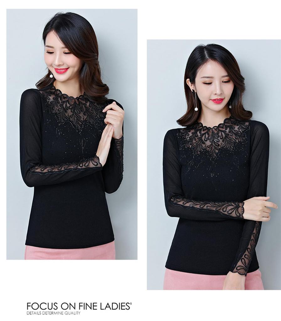 Yuoku Round Neck Top with Black Lace Floral Mesh and Long Slim Perfect for Everyday Ballroom Modern Practice Dance Lesson Latin Dance Costume Women's