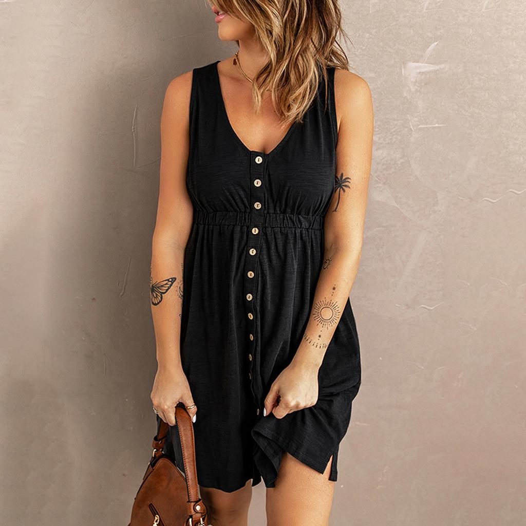 Women's Casual V Neck Sleeveless Button Down Dress Summer Elastic Waist A-Line Swing Tank Dresses