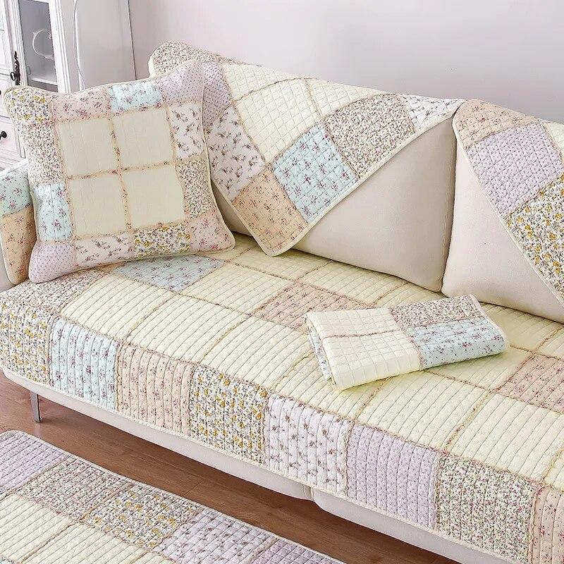 Green Floral Sofa Covers Couch Pastoral Washed Cotton Plaid Fabric Corner Towel Pillow Slip Seat Cushion Recliner Chair Cover