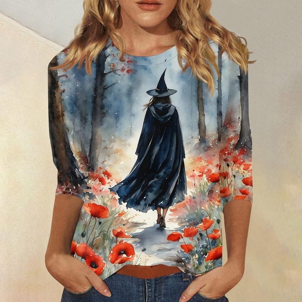 Women's Fashion Casual 3/4 Sleeve Halloween Print Neck Blouse