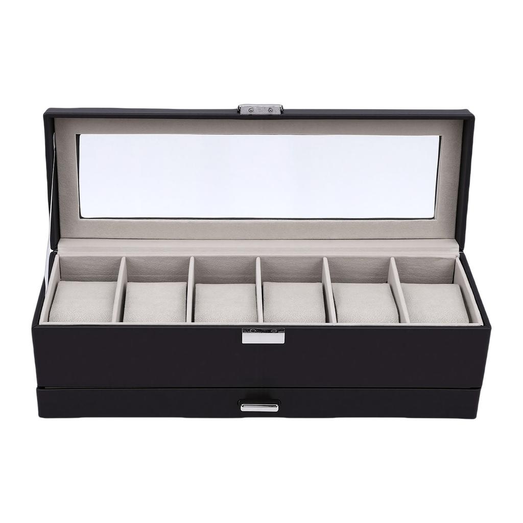 Watch Box 6 Slot Watches Display Case 2 Layer Jewelry Organizer Storage Holder Organizer Black