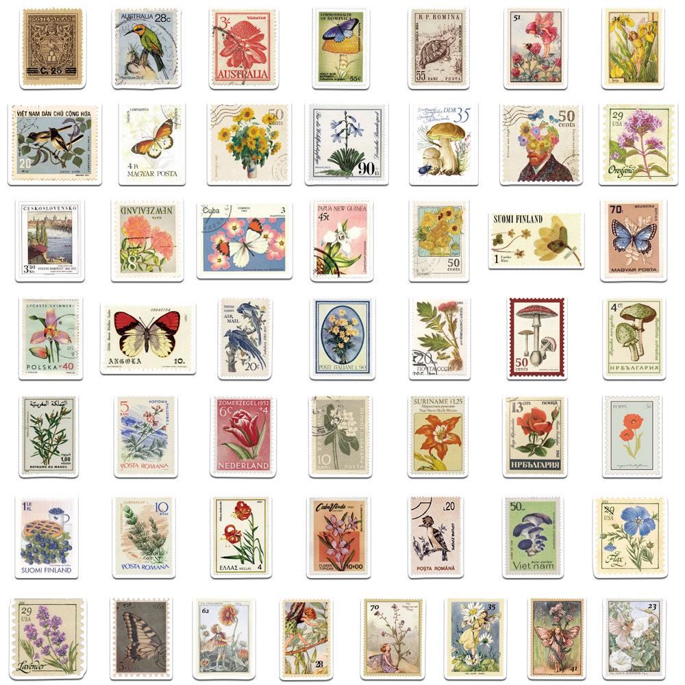 50pcs Vintage Plant & Butterfly Bird Sticker Set for Guitar, Notebook, Luggage - Waterproof Decor