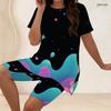 Women Plus Size 2 Piece Set Crew Neck Short Sleeve Side Slit Top Biker Shorts Red Blue Gold Star Paint Print Outfit