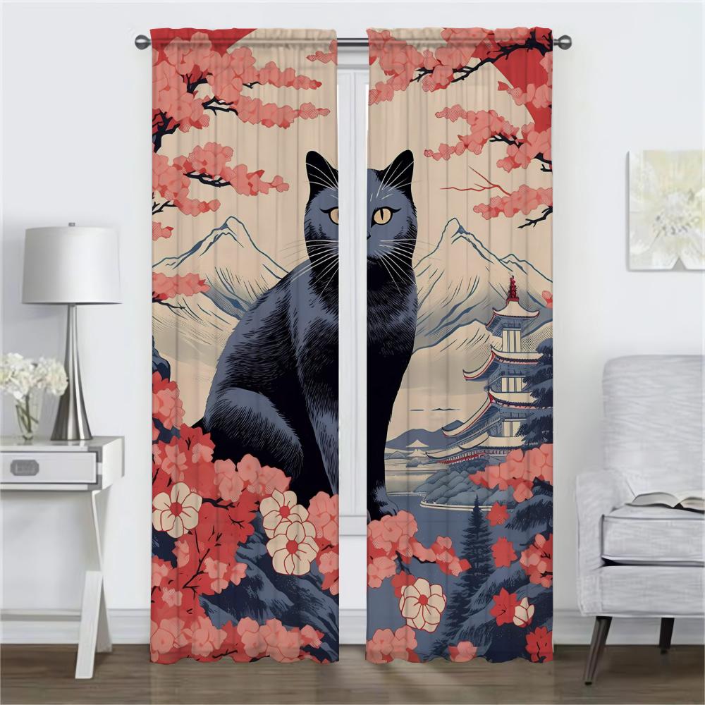 Black Cat Anti-mosquito Curtains for Living Room Curtain Halloween Decoration Shades Blackout Curtains 2 Pieces Partition Camera