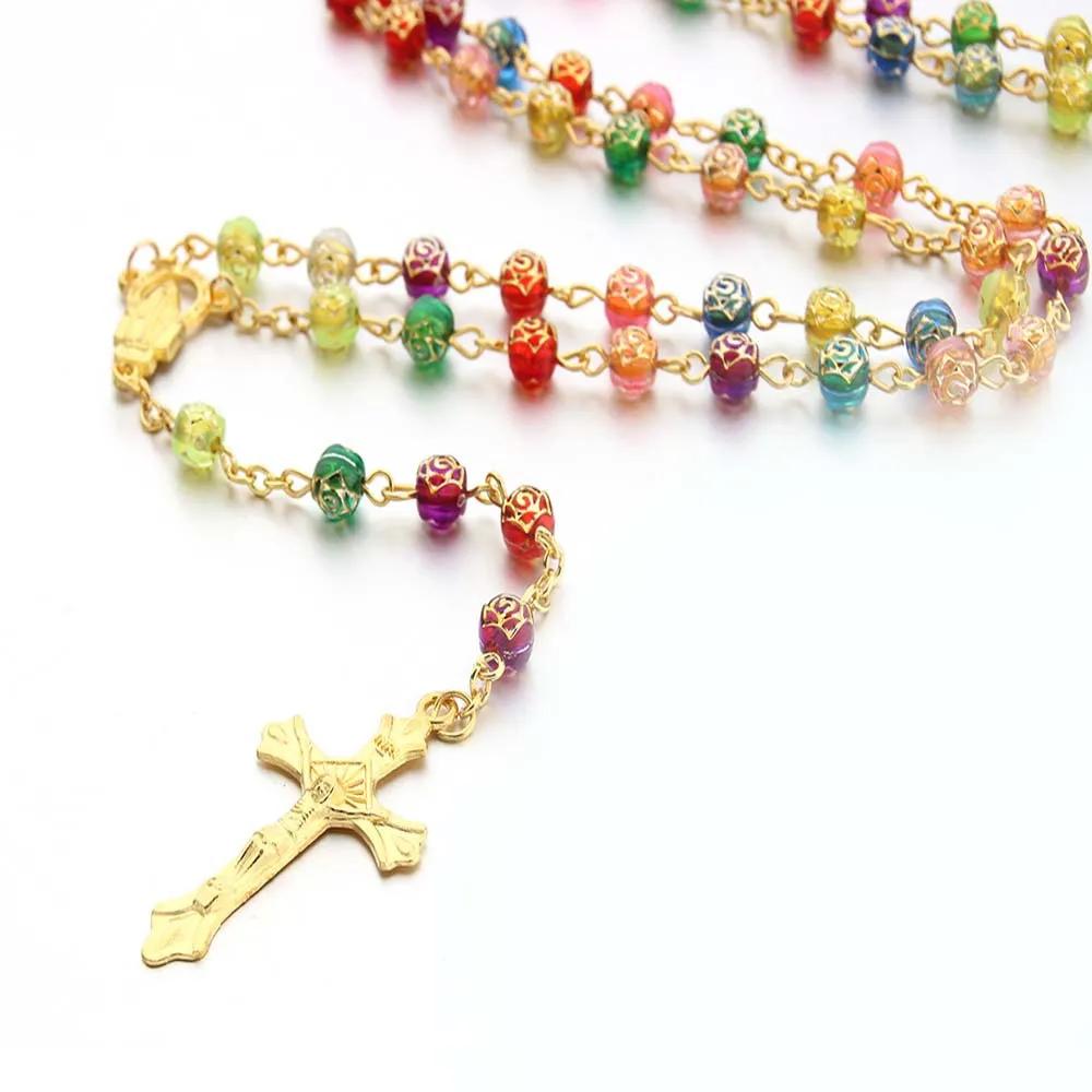 6MM Acrylic Rosary Necklaces For Women Men Rose Beads Long Chain Crucifix Cross Pendant Religious Praye Jewelry