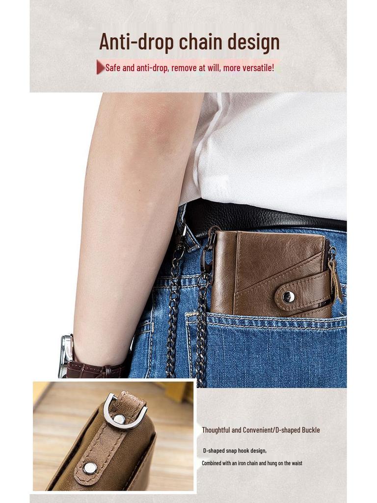 Cow Captain Vintage RFID Men's Trifold Zipper Wallet - Genuine Leather & Top Layer Cowhide
