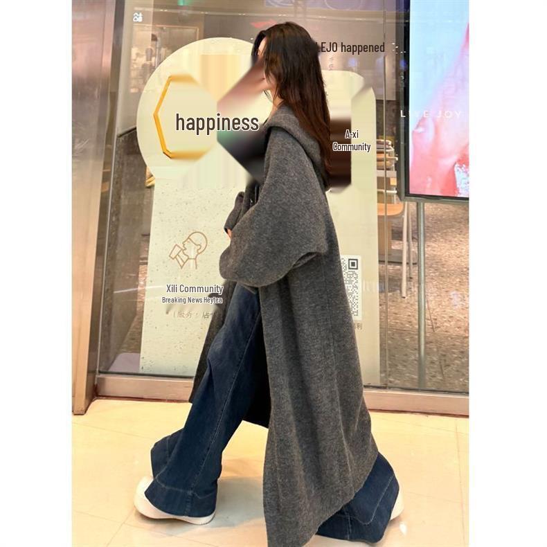 Knee-Length Hooded Knitted Cardigan Coat - Thick, Loose, and Ideal for Spring, Autumn, and Winter.