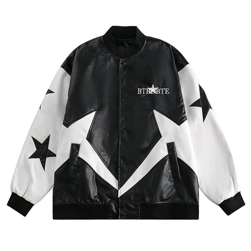 

Star Embroidery Patched PU Leather Jacket Men s Casual Loose Coat Couple Street Motorcycle Baseball Uniform Chaquetas Hombre