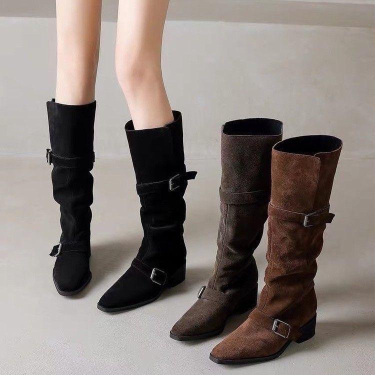 Coarse Heel Western Cowboy Boots Slim Belt Buckle But Knee Maillard Knight Boots Women's Winter 2025 New Stacking Boots