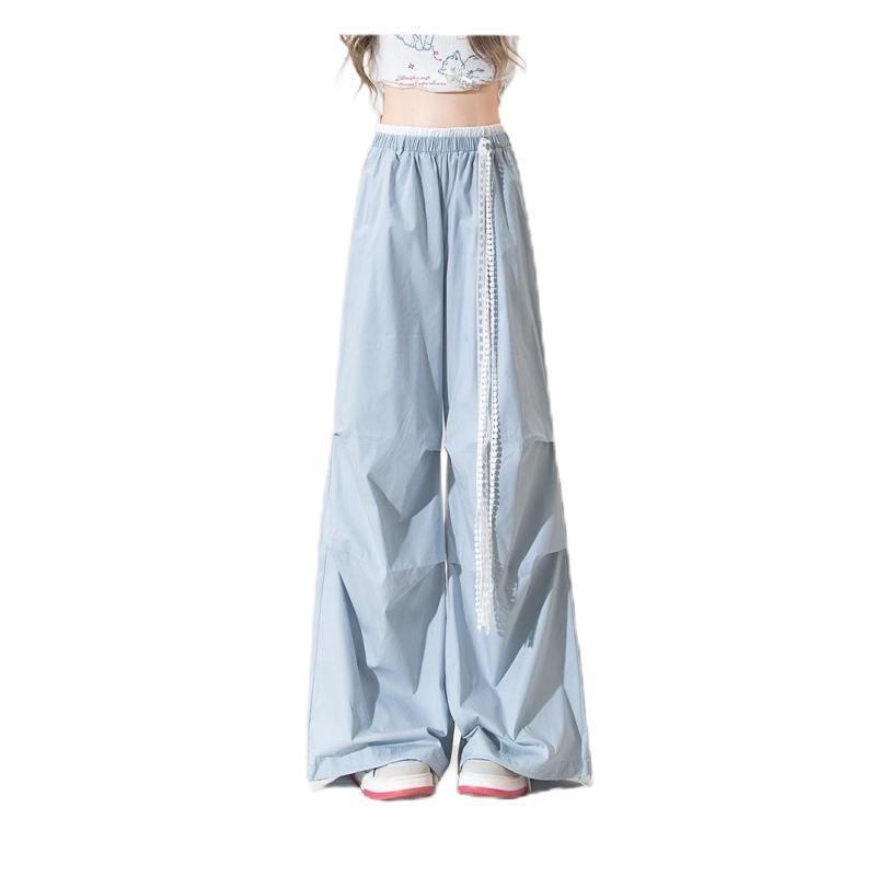 Dopamine Blue Casual Quick-drying Overalls Women's Summer Thin High-waisted Pleated Loose Ice Silk Wide-leg Sweatpants