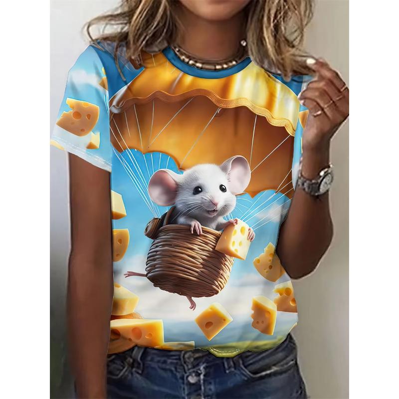 2025 Damen T-Shirt Mäuse 3D Druck Cartoon Tier Rundhals T-Shirt Für Damen Mode Kurzarm Lässiges T-Shirt Damenbekleidung