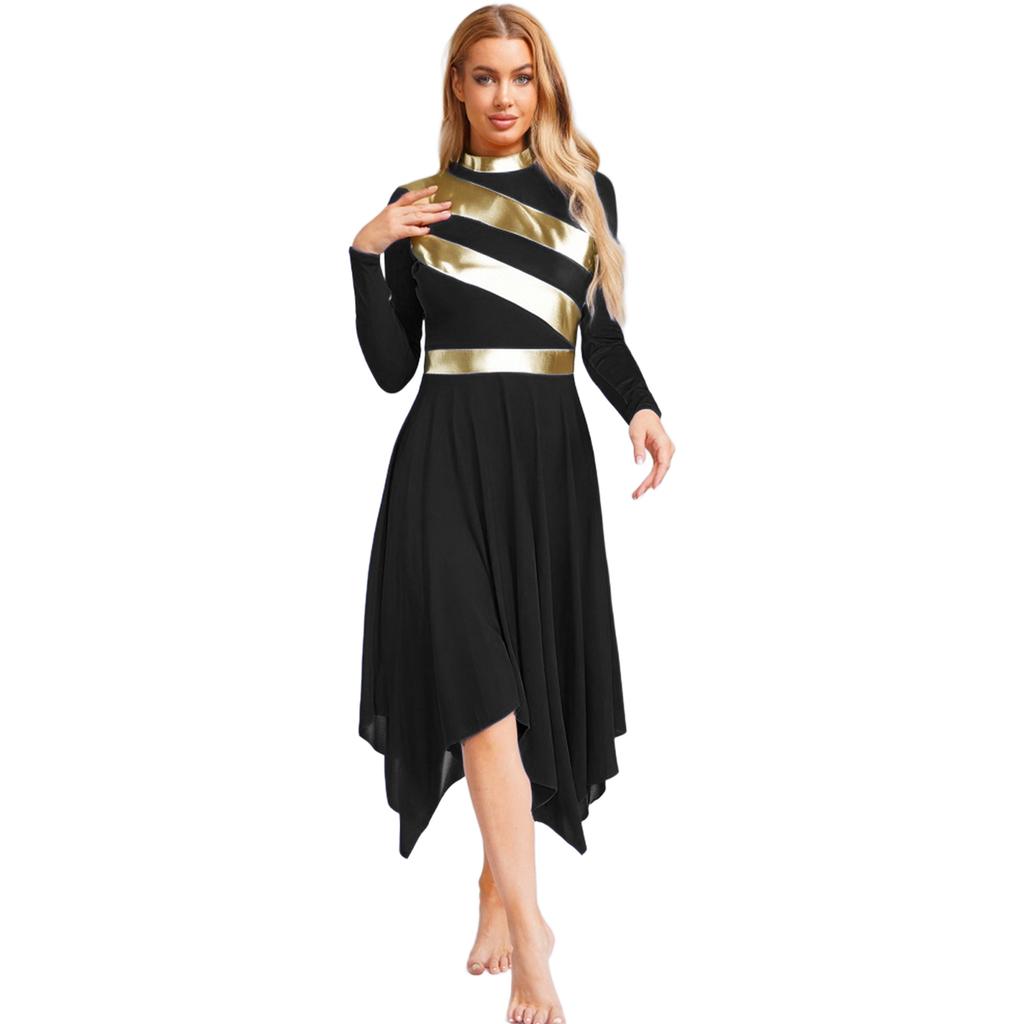 Womens Worship Dance Dress Metallic Patchwork Long Sleeve Irregular Hem Tunic Lyrical Performance Gown