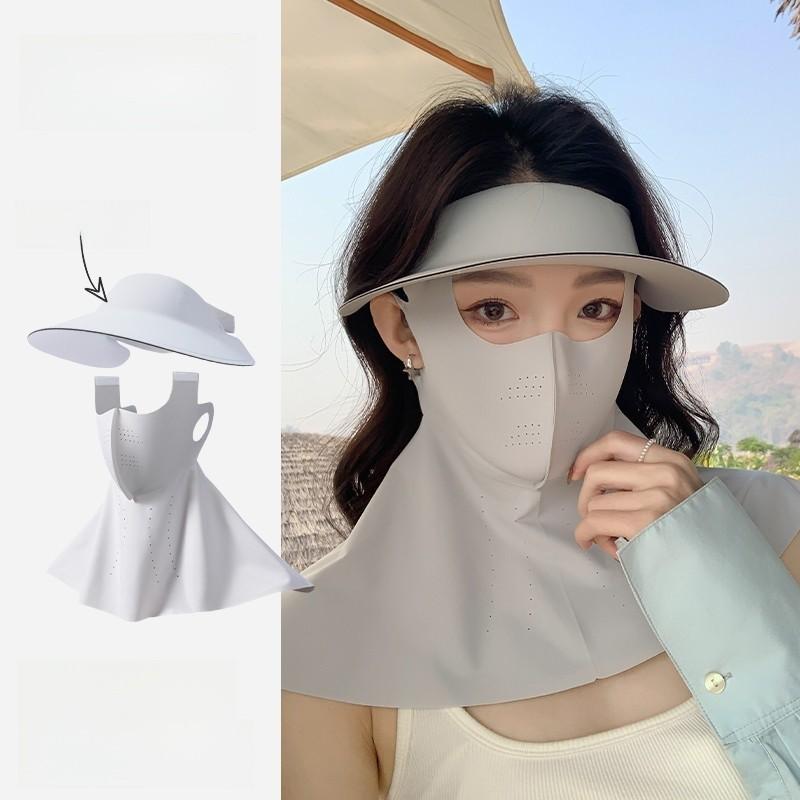 Polyester Sun Shield Cap With Wide Brim And Detachable Face Mask For Outdoor Activities