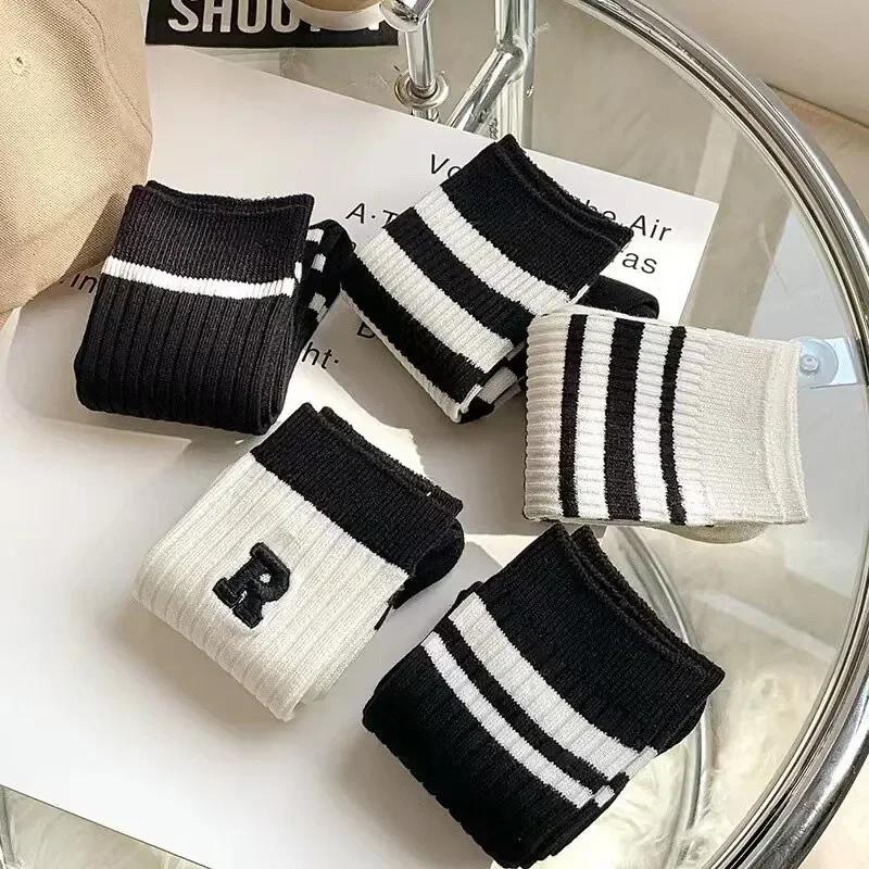 5 pairs of women's mid length stockings with a four season college style, striped sports and fashionable winter socks