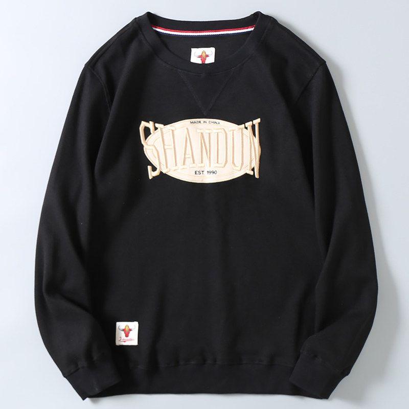 320G Heavy Weight round Neck Letter Patch All-Matching Embroidered Sweatshirt Men s Fall and Winter Sports Loose Casual Pullover Black M