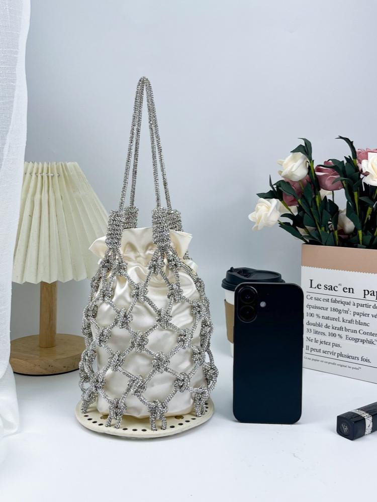 French Style Sparkling Diamonds Mesh Handbag Lady Handmade Woven Bag Hollow Out Bucket Bag Armpit Bag Vacation Travel Beach Bags