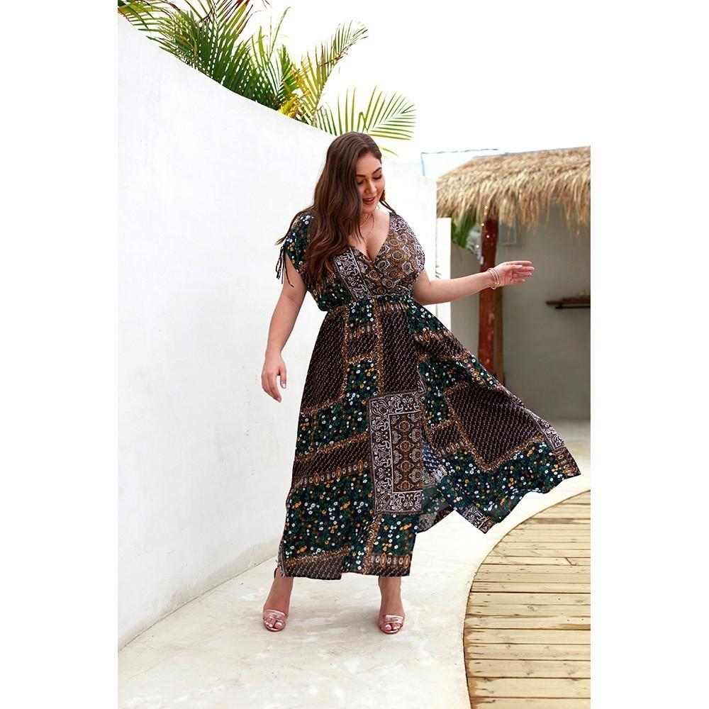 V Neck Retro Floral Print Women's Dresses Bohemian Short Sleeve Loose Female Spring Clothes Elegant Plus Size Vestidos Mujer