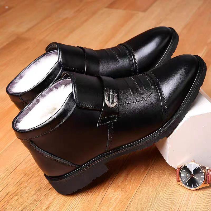 Winter Men's Cotton Shoes Genuine Leather Wool Velvet Thickened Warm Casual High-top Dad Cotton Leather Shoes