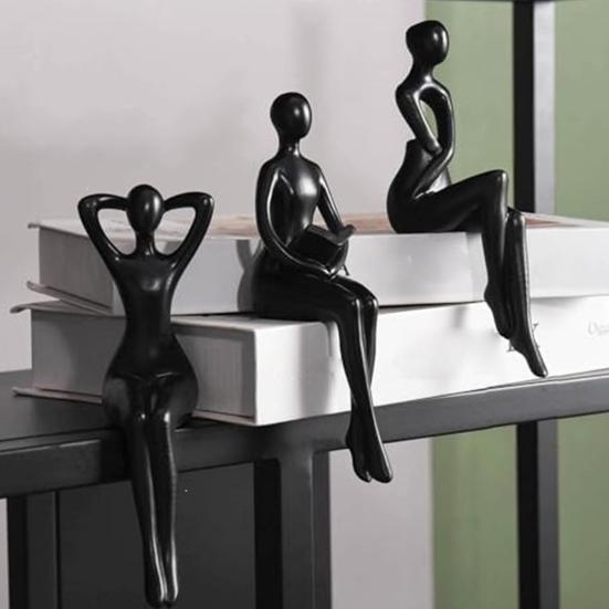 3 szt. Rzeźba do czytania z żywicy, Statua siedzącego myśliciela, Abstrakcyjna figurka kobiety na półkę na książki do domu, biura, salonu, półki, dekoracja biurka