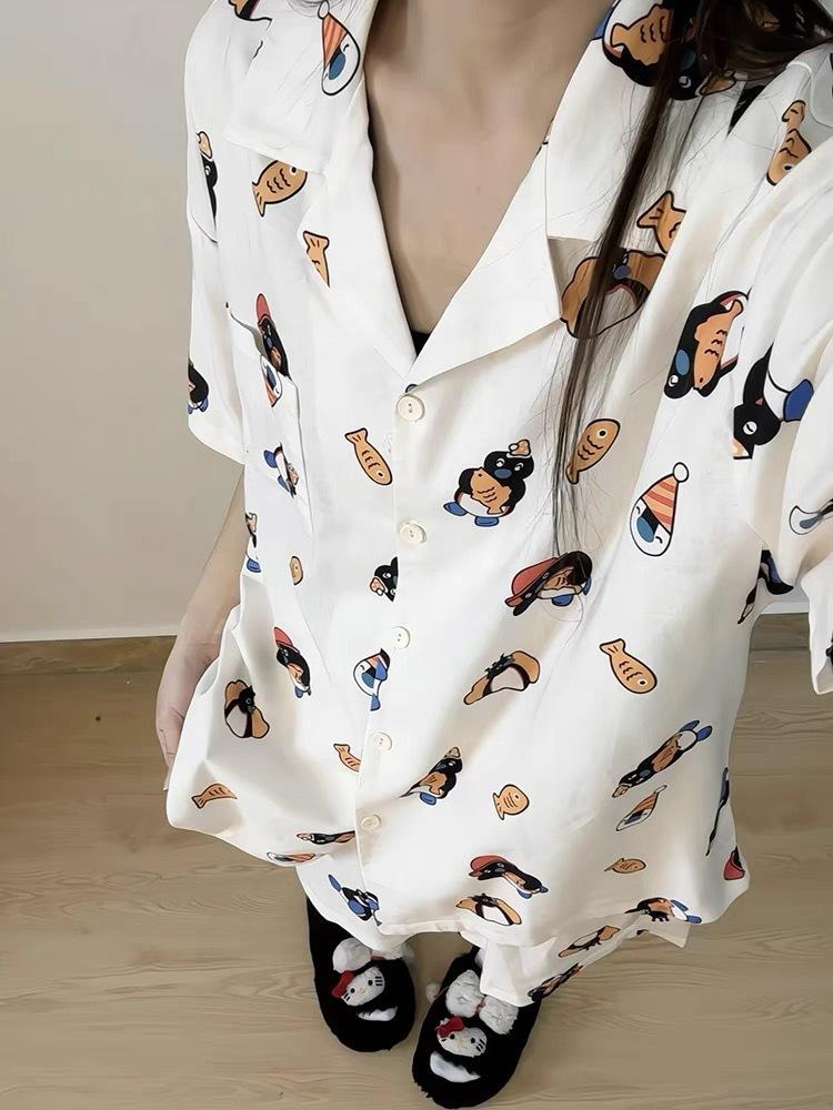 

Ladies can go out full of little penguin pajamas women s summer cardigan short-sleeved shorts two-piece loose loungewear S