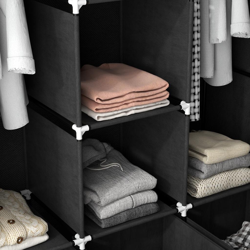 Foldable Fabric Wardrobe for Bedroom, Portable Wardrobe with 5 Shelves, 2 Hanging Rails and 3 Fabric Drawers, Black