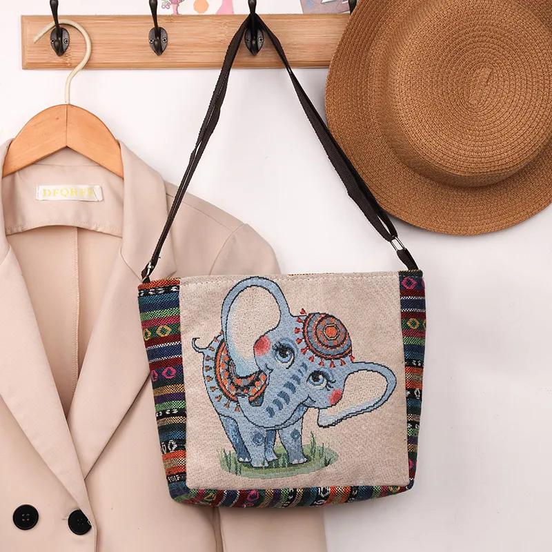 Yogodlns Håndveske i etnisk stil Broderi Elefant Lerret Dame Skuldervesker Dagligvareoppbevaringsveske Stor kapasitet Crossbody-veske