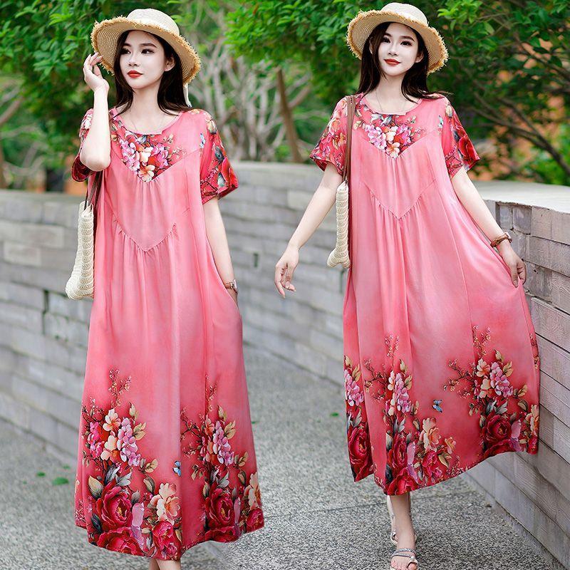 Summer Women's Plus Size Dress Loose Round Neck Floral Dress Soft Skin-friendly Breathable Long Dress