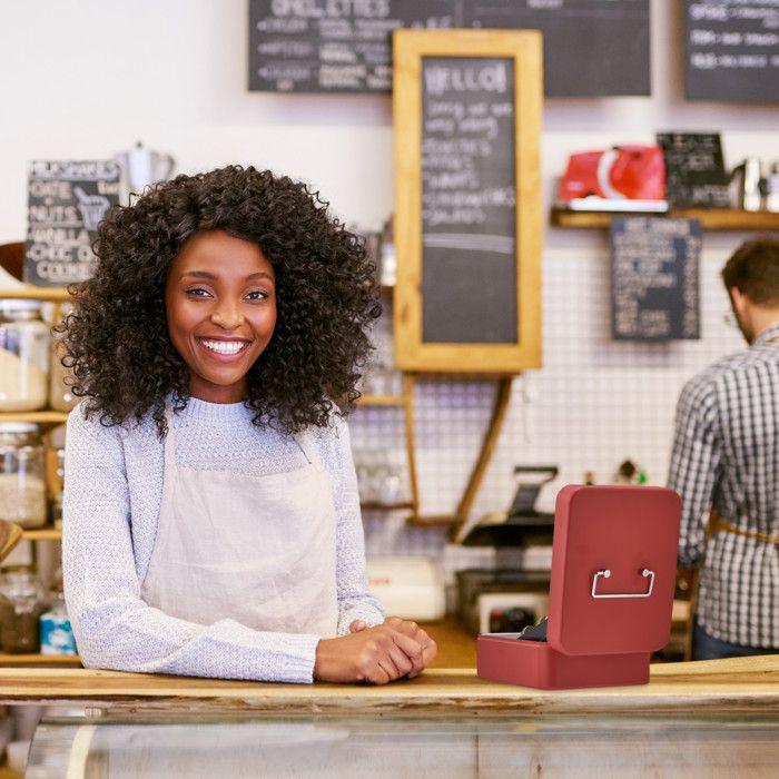 Relaxdays Caisse à monnaie, monnayeur, verrouillable, acier, transportable, pièces et billets, HLP 8,5x16x20 cm, rouge