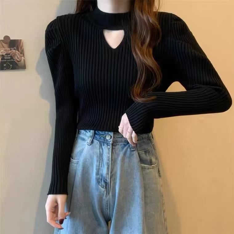 Spring and Autumn Women's Knitted Bottoming Shirt Hollow V-neck Long-sleeved Sweater Sexy Solid Color Bottoming Versatile Knitwear Inner Tops