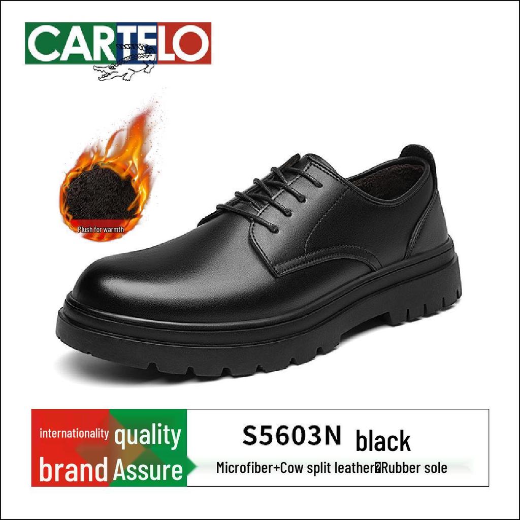 Men's Black Leather Derby Shoes - Winter 2025, Height Increasing, Thick Sole, Casual to Formal, with Plus Velvet for Warmth