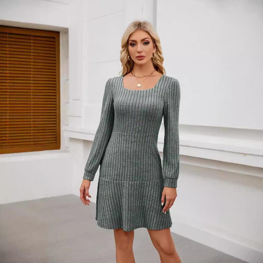 2026 Trendy Women's Square Neck Lantern Sleeve Babydoll Dress with Pockets