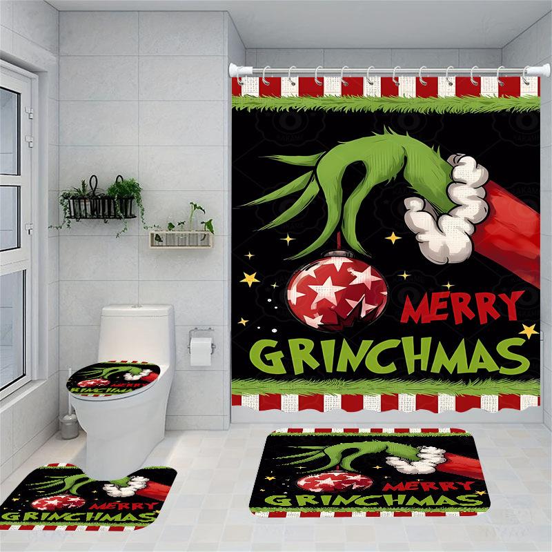 Christmas Series Shower Curtain Digital Printing Bathroom Shower Curtain Four-Piece Polyester Shower Curtain
