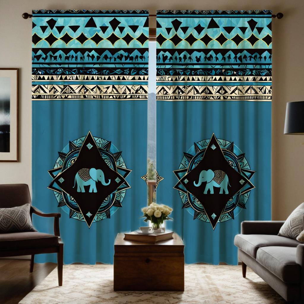 2pcs HD Thai Plaid Elephant Decorative Curtain Blue Tie Digital Printed Curtain Home Decoration Style Decoration Living Room
